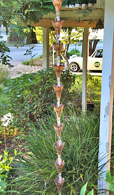 Decorative rain chains for garden beauty and downspout alternatives