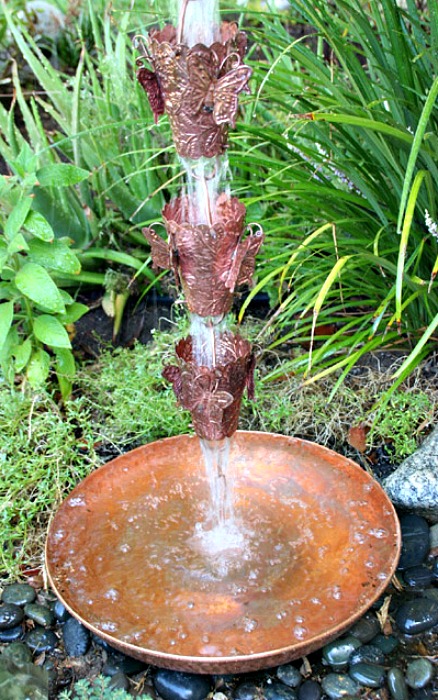 Copper Dishes are excellent for attaching rain chains from winy conditions