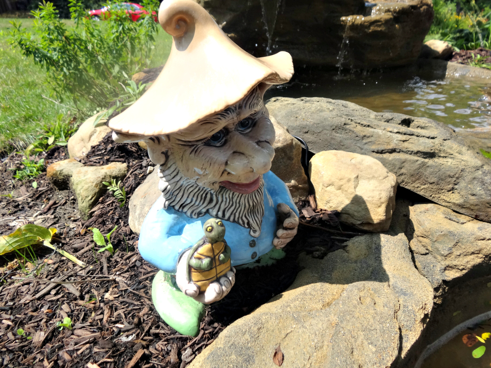 Ceramic Woodland Gnomes in a Waterfall Garden