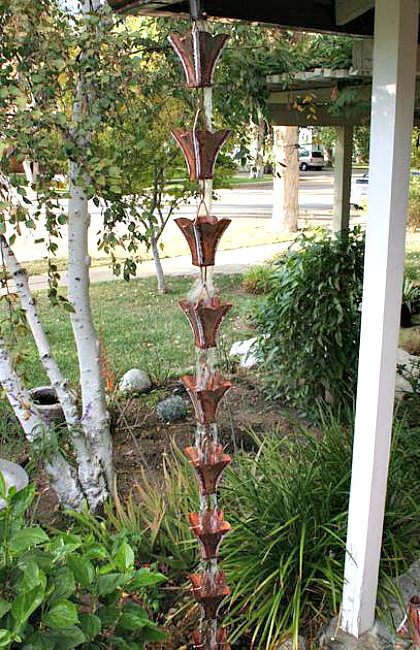 Our rain chains make excellent copper art for the garden landscape